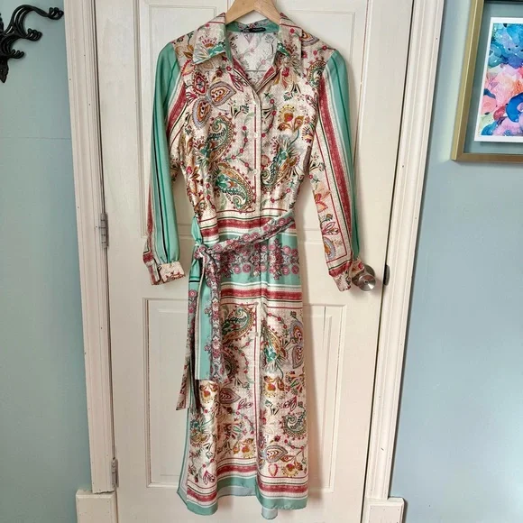 Zara Satin Foulard Paisley Maxi Dress Medium Shirt Dress Floral Belted